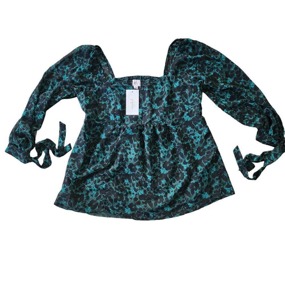 Ingrid Isabel Maternity Long Sleeve Top Large Black Green Floral Square Neck NWT